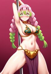 1girl ai_generated blush cleavage crossover crossover_cosplay demon_slayer kanroji_mitsuri kimetsu_no_yaiba looking_at_viewer mitsuri_kanroji pole_dancing slave_leia_(cosplay) star_wars stripper_pole