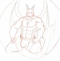 anthro bulge charizard clothes color fire male male_only muscles nintendo pokemon pokemon_(species) sketch solo tagme tail tail_fire topless