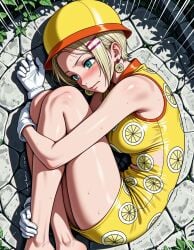 ai_generated aqua_eyes bare_legs barefoot blonde_hair blue_eyes blush breasts closed_mouth clothing clothing_cutout curled_up dress earrings feet female fetal_position food-themed_earrings fruit gloves hair_ornament hairclip hat headwear helmet hugging_own_legs jewelry jousneystudio large_breasts leaf legs lemon lying mikita_(one_piece) miss_valentine on_ground on_side one_piece outdoors patreon school_hat short_dress short_hair sleeveless sleeveless_dress solo stone_floor sweat thighs tight_dress trembling white_gloves yellow_dress yellow_headwear