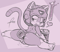 1girls 2012 anthro ass breasts domestic_cat feline female fur furry helmet mammal monochrome nipples nude pizzacat polly_esther samurai_pizza_cats tagme tail