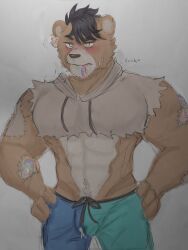 alexito_dts anthro bear big_bulge big_chest big_muscles blush boner bulge crop_top dolly's_factory dolly's_factory_(roblox) dressed first_porn_of_character furry furry_male gay gay_male koda_(dolly's_factory) leaking_cum leaking_precum muscular_anthro muscular_male reject_koda_(dolly's_factory) roblox roblox_game simple_coloring simple_shading six_pack