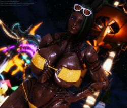 3d athletic_female big_breasts bikini black_hair dark-skinned_female dark_skin final_fantasy final_fantasy_xiv gpose(ffxiv) gpose_(ffxiv) grassfed_viera green_eyes green_highlights hand_on_hip huge_breasts large_breasts markings night outside self_upload smiling sunglasses sunglasses_on_head swimsuit tattoos viera watermark wet wet_skin winking winking_at_viewer yellow_bikini