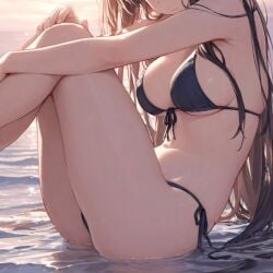 2025 ai_generated beach_background belly black_bikini brown_hair_female crying_female crying_with_eyes_open instagram long_hair_female meta sad_expression sitting_on_sand sitting_on_water sobbing ten01c tummy unknown_character