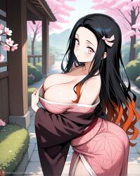 ai ai_art ai_assisted ai_generated ass big_breasts black_hair blush blushing breasts breasts_bigger_than_head cute cute_face demon demon_girl demon_slayer eye_contact flower large_boobs large_breasts large_tits long_hair multicolored_hair nezuko_kamado orange_hair pink_eyes ribbon robe sakura_tree shiny shiny_skin standing white_skin white_skinned_female
