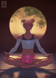 1boy bare_shoulders closed_eyes constricted_pupils crop_top cropped_shirt dmitrys dmitrysv double_bun dyed_hair femboy femboy_only full_body long_sleeves lotus_position male male_only meditation off-shoulder_shirt off_shoulder original peach_(dmitrys) pink_lips pink_shorts solo solo_femboy solo_male sweat tank_top trap