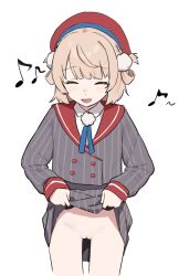 beret blonde_hair buttons closed_eyes clothes_lift cowboy_shot double-breasted grey_skirt hair_ornament hat indie_virtual_youtuber lifting_own_clothes long_sleeves open_mouth pom_pom_(clothes) pom_pom_hair_ornament pussy red_hat shigure_ui_(vtuber) shirt short_hair simple_background skirt skirt_lift smile uncensored white_background white_shirt yep_(70837259)