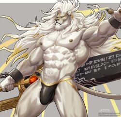 2023 5_fingers abs amon-sydonai anthro biceps claws clothed clothing colored dislyte felid fingers fur hi_res humanoid_hands javid_(dislyte) jockstrap jockstrap_only lilith_games lion male mammal muscular muscular_anthro muscular_male pantherine patreon pecs signature solo tail tan_body tan_fur tan_tail topless underwear underwear_only