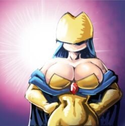 big_breasts blue_hair breasts cape cleavage female female_only gijinka gloves golden_gloves golden_suit hat hat_covering_eyes kirby_(series) kirby_air_riders meme minus8 nintendo reference starman_(kirby) superman_(series) yellow_gloves yellow_suit