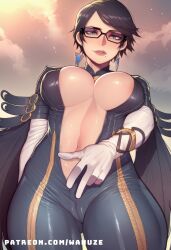 ai_generated bayonetta bayonetta_(character) big_ass big_breasts big_butt big_thighs black_bodysuit black_hair blush bodysuit cameltoe center_opening cleavage cleavage_cutout earrings eyeshadow from_below glasses huge_ass huge_breasts huge_butt huge_thighs jewelry mole mole_under_mouth navel short_hair standing tight_clothing wanuze white_gloves wide_hips