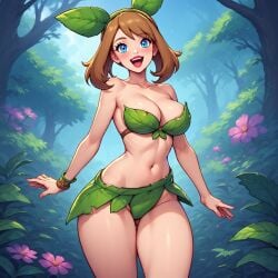 1girls ai_generated big_breasts blue_eyes blush bracelet brown_hair brunette_hair female female_focus female_only forest forest_background large_breasts leaves_on_body leaves_on_breasts looking_at_viewer may_(pokemon) open_mouth pokemon red_lips red_lipstick solo_female