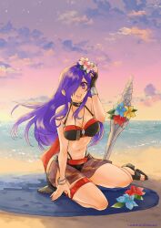 1girls alluring beach big_breasts bikini bikini_skirt black_bikini black_gloves blue_flower bryminoru cleavage cloud collarbone commentary_request dated fingernails fire_emblem fire_emblem:_three_houses fire_emblem_heroes fire_emblem_warriors:_three_hopes floating_hair flower gloves hair_flower hair_ornament hair_over_one_eye high_heel_sandals intelligent_systems looking_at_viewer navel nintendo ocean official_alternate_costume one_eye_covered outside pink_flower planted planted_sword planted_weapon purple_eyes purple_hair red_flower sand sandals see-through_clothes see-through_skirt shez_(fire_emblem) shez_(fire_emblem)_(female) shez_(summer)_(fire_emblem)_(female) single_glove sitting skirt sky smile stomach swimsuit sword teeth toes upper_teeth_only water weapon yellow_flower