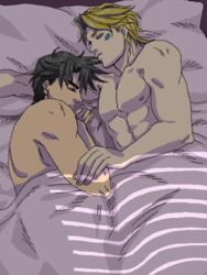 2boys battle_tendency blonde blonde_hair brown_hair caesar_zeppeli gay human human_only in_bed jojo's_bizarre_adventure joseph_joestar male male_only sleeping tagme yaoi