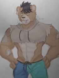 alexito_dts anthro bear big_bulge big_chest big_muscles bulge crop_top dolly's_factory dolly's_factory_(roblox) dressed first_porn_of_character furry furry_male gay gay_male koda_(dolly's_factory) muscular_anthro muscular_male reject_koda_(dolly's_factory) roblox roblox_game simple_coloring simple_shading six_pack