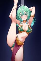 1girl ai_generated boku_no_hero_academia crossover crossover_cosplay green_hair hagakure_tooru_(visible) holding_one_leg_up my_hero_academia pole_dancing slave_leia_(cosplay) solo_female standing_split star_wars stripper_pole tooru_hagakure_(visible) wide_eyed