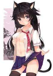 animal_ears black_eyes black_hair breasts cat_ears cat_tail erect_nipples female graveyard highres long_hair mvv necktie open_clothes open_shirt original panties pinky_out school_uniform skirt skirt_lift solo standing stitches tail thighhighs underwear