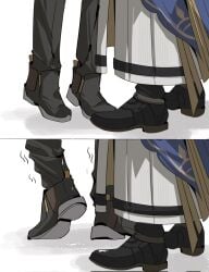 2boys black_boots black_border black_pants blue_cape boots border caelus_(honkai:_star_rail) cape cum footwear_focus highres honkai:_star_rail honkai_(series) implied_kiss implied_sex jacket multiple_boys multiple_views pants phainon_(honkai:_star_rail) satohyamabuki shadow simple_background trailblazer_(honkai:_star_rail) trembling white_background white_jacket yaoi