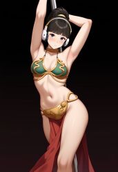 aged_up ai_generated cleavage crossover crossover_cosplay female hair_in_bun headphones_on_head lo-fi_beats_to_relax/study_to lofi_girl pole_dancing short_black_hair slave_leia_(cosplay) solo_female star_wars stripper_pole