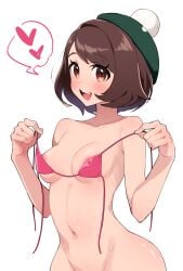 1girls :d areola_slip bikini bikini_top_only blush breasts brown_eyes collarbone eyelashes female gloria_(pokemon) green_hat hands_up happy hat heart holding_strap maki_(letusgomaki) navel open_mouth perfect_body pink_bikini pokemon pokemon_swsh shiny_skin small_breasts smile solo tounge undressing upper_teeth white_background