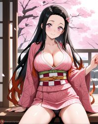ai ai_art ai_assisted ai_generated ass big_breasts black_hair blush blushing breasts breasts_bigger_than_head cute cute_face demon demon_girl demon_slayer eye_contact flower large_boobs large_breasts large_tits long_hair multicolored_hair nezuko_kamado orange_hair panties pink_eyes ribbon robe sakura_tree shiny shiny_skin smile standing white_skin white_skinned_female
