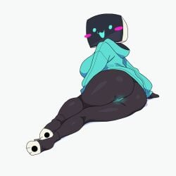 :3 ass ass_grab back backboob black_body black_skin blush blush_lines breasts cat_paws clothed clothing cyan_eyes cyan_hoodie cyan_pussy feet female female_only full_body gh0stec ghostec glowing_penis glowing_pussy hoodie huge_cock large_penis looking_at_viewer looking_back looking_over_shoulder lying minbitt paw_socks pawprint paws pussy signature simple_background socks solo tv_head tv_screen tv_woman viewed_from_behind white_background youtube youtube_avatar youtuber youtuber_girl