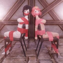 2girls arms_behind_back barefoot black_hair bondage bound chair duo female female_focus gag gagged helpless indoors looking_at_viewer maledecten naked naked_female nude nude_female pink_eyes pink_hair pyra ruby_rose rwby sitting stone_floor struggling submissive tagme tape tape_bondage tape_gag taped_hands video xenoblade_(series) xenoblade_chronicles_2