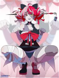 1girls ahoge bandage breasts cameltoe double_bun feet female grey_hair grey_skin hair hairbow heterochromia highres hololive hololive_indonesia hololive_indonesia_holoro kureiji_ollie layerth legs looking_at_viewer multicolored_hair multicolored_skin open_mouth patchwork_skin paw_pose red_hair ribbon ripped_clothing shoes short_sleeves socks solo spread_legs squatting stitched stitches sword sword_in_head teeth thick_thighs thighs virtual_youtuber zombie zombie_girl