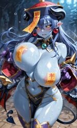 ai_generated areolae astaroth_(shinrabanshou) big_breasts black_sclera blue_hair blue_skin blush breasts_bigger_than_head earrings female_pubic_hair horns jiangshi_costume large_breasts ofuda ofuda_on_nipples pochi_aosaki pointy_ears pubic_hair shinrabanshou succubus succubus_horns very_large_breasts yellow_eyes