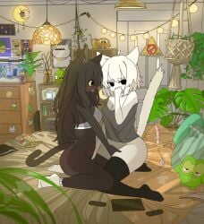 2girls ahoge animal_ears bag_of_chips black_hair black_thighhighs blush bottomless bra cat_ears cat_girl cat_tail commentary copyright_request darwin_watterson dildo egg_vibrator fingering fish_tank grey_tank_top highres indoors lamp long_hair medium_hair mike_no_hito monster_energy multiple_girls mutual_fingering mutual_masturbation nintendo_switch oerba_yun_fang on_bed open_mouth original panties pillow plant potted_plant remote_control_vibrator sex_toy socks stained_glass stuffed_toy symbol-only_commentary tail tank_top the_amazing_world_of_gumball thighhighs underwear unworn_panties vibrator white_bra white_hair white_socks yuri