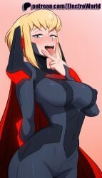 1girls 2025 ai_generated artist_name blonde_hair blue_eyes blush bodysuit breasts bust cape chest covered_navel dc electroworld female gradient gradient_background hi_res high_quality high_resolution highres kara_zor-el long_hair my_adventures_with_superman patreon patreon_username pink_background red_background solo stable_diffusion supergirl supergirl_(my_adventures_with_superman) watermark