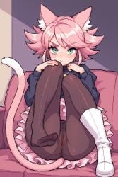 1female 1girl 1girls ai_generated boot_fetish boots boots_female cat_ears cat_girl cat_tail comfyui female_only foot_fetish high_boots mad_mew_mew medium_breasts pantyhose pink_(deltarune) pink_hair pixel_art pussy pussy_visible_through_clothes skirt skirt_up stable_diffusion thighs vagina