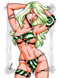 1girls armpits arms_behind_head arms_up big_breasts breasts female flowing_hair garrett_blair green_eyes green_hair green_lipstick light-skinned_female light_skin lipstick marvel marvel_comics mutant parted_lips pose posing rags solo thighs torn_clothes tummy vertigo_(marvel) voluminous_hair wide_hips x-men