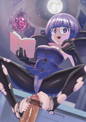 bad_id blush book censored elite_four feet female footjob full_moon glasses human human_only legwear male moon nintendo pantyhose penis pointless_censoring pokemon pokemon_bw purple_eyes purple_hair shauntal_(pokemon) straight toes toranoe torn_clothes