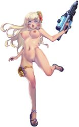 artist_request bad_source blonde_hair blue_eyes breasts coral_hair_ornament crystal_maiden_(series) female full_body game_cg gun highres holding holding_gun holding_weapon julia_(crystal_maidens) long_hair navel nipples nude official_art open_mouth pussy sandals seashell shell solo standing standing_on_one_leg starfish_hair_ornament third-party_source transparent_background underboob variant_set weapon