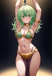1girl ai_generated anime_eyes boku_no_hero_academia cleavage crossover crossover_cosplay green_hair hagakure_tooru_(visible) my_hero_academia open_mouth pole_dancing slave_leia_(cosplay) star_wars stripper_pole tooru_hagakure_(visible) wide_eyed