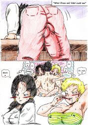 1boy 2girls biting_lip biting_pen black_hair black_hair_female blonde_female blonde_hair blue_eyes bulge bulge_through_clothing clothed_female clothed_male color dragon_ball_z drooling erasa erect_nipples_under_clothes imagining long_hair long_hair_female missionary_position nude_female nude_male penetration sex son_gohan thewritefiction threesome twintails videl videl_(long_hair)