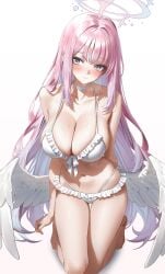 absurdres bikini blue_archive blush breasts choker cleavage closed_mouth collarbone female full_body halo highres hirahiragi_(h1rqg1) kneeling large_breasts long_hair looking_at_viewer low_wings mika_(blue_archive) mika_(swimsuit)_(blue_archive) navel official_alternate_costume pink_hair simple_background solo stomach swimsuit thighs white_background white_bikini white_choker white_wings wings