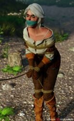 3d bondage boots captured captured_heroine cd_projekt_red ciri clothing female freckles gagged gloves green_eyes light-skinned_female mascara outdoors rendereddefenseless rope scar solo solo_female the_witcher_(series) the_witcher_3:_wild_hunt white_hair witcher_medallion