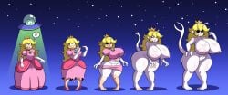 alien alien_girl alien_humanoid antennae antennae_(anatomy) big_ass big_breasts black_sclera blonde_hair breast_expansion breasts_bigger_than_head grepstrash mario_(series) nude nude_female princess_peach prinnydood spacecraft spaceship tagme tail transformation transformation_sequence