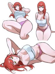 1girls absurdres arm_up armpits arms_behind_back bare_arms bare_legs bare_shoulders braid breasts chainsaw_man cleavage closed_mouth collarbone female grin groin hair_over_shoulder hand_on_own_head hand_rest hand_up highres knee_up large_breasts legs_together long_hair long_sidelocks looking_at_viewer low-tied_long_hair lying makima_(chainsaw_man) multiple_views navel no_pants on_side panties pink_panties red_hair ringed_eyes side_braid sidelocks sideways_glance simple_background smile spaghetti_strap tank_top teeth thighs underwear very_long_hair white_background white_tank_top yellow_eyes zeon_(zzeeonn)