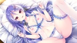 1girl :d bare_arms bed_sheet blush bow breasts brown_eyes collarbone frilled_panties frills from_above game_cg hair_between_eyes hair_bow hair_ribbon hoshi_no_otome_to_rikka_no_shimai legs_up lingerie long_hair looking_at_viewer lying midriff mutou_kurihito nanotaro navel nipples on_back open_mouth panties pillow purple_hair red_bow ribbon small_breasts smile solo spread_legs stomach striped_ribbon thighhighs underwear underwear_only very_long_hair white_panties wrist_cuffs yamabuki_alice