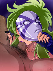 blush censored dark_skin fellatio female green_hair hair long_hair mask nail_polish neutral_mask nude ophiuchus_shaina oral penis pubic_hair saint_seiya sweat