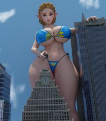 1girls 3d 3d_(artwork) anon ass big_ass big_breasts big_butt bikini blonde_female blonde_hair blonde_hair_female blue_bikini breasts building buildings city elf elf_ears elf_female female giant_breasts giantess huckleberry8181 huge_ass huge_boobs huge_breasts huge_butt nintendo princess_zelda smirking thick_thighs zelda_(breath_of_the_wild)
