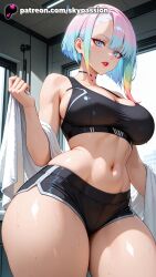 1girls 2025 ai_assisted ai_generated anime aqua_hair artist_name bare_shoulders big_breasts big_chest blue_eyes blue_hair breast breasts bust busty chest choker cyberpunk:_edgerunners cyberpunk_(series) cyberpunk_2077 explicit female hi_res high_quality high_resolution highres large_breasts looking_at_viewer lucyna_kushinada multicolored_hair navel netflix off_shoulder patreon patreon_username short_hair short_shorts shorts skypassion solo stable_diffusion studio_trigger sweat thick_thighs thighs towel watermark