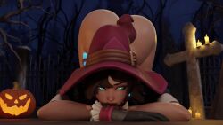 1girls 3d animated ass ass_up bare_ass bottomless brown_hair exposed_ass female female_focus female_only front_view glowing_eyes hat invitation inviting kiriko_(overwatch) overwatch overwatch_2 shaking_ass shaking_butt solo suggestive suggestive_look suggestive_pose top-down_bottom-up video viewed_from_front witch witch_hat witch_kiriko