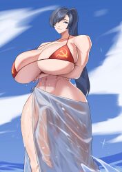 1futa 2d abs arms_under_breasts athletic athletic_female bikini bikini_top_only black_hair blue_eyes blue_sky breasts cloud cloudy_sky crossed_arms female female_focus futa_only futanari hammer_and_sickle huge_breasts hung_futa large_breasts large_penis long_hair long_ponytail muscular muscular_female muscular_legs muscular_thighs ocean ocean_background original original_character penis ponytail russian sarong skimpy skimpy_clothes skimpy_outfit sky smile smug smug_face soviet soviet_flag_print soviet_union standing standing_in_water standing_position swimsuit thick_thighs thighs towel towel_around_waist valentina_(nuclear-il2) wide_hips