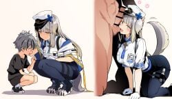 2boys all_fours animal_ears bar_censor batta_16-sei blue_pants breasts censored clawed_boots dog_ears dog_girl dog_tail erection female gloves green_eyes grey_hair hat highres licking licking_testicle long_hair looking_at_viewer medium_breasts multiple_boys multiple_views nijisanji oral pants penis pointless_censoring police police_uniform policewoman shioriha_ruri shioriha_ruri_(1st_costume) shirt suzuki_masaru tail tail_wagging testicles thighs virtual_youtuber white_gloves white_hat white_shirt