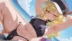 -quetzalcoatl_(dragon_maid) ai_generated armpits arms_behind_head arms_up bare_shoulders baseball_cap beach bikini black_bikini blonde_hair blue_sky blush breasts cloud day dildo dildo_riding dragon_girl dragon_horns dragon_maid dutch_angle female female_masturbation gradient_hair green_eyes grin hat horns horns_through_headwear large_breasts long_hair looking_at_viewer lucoa lucoa_(maidragon) meitabuu miss_kobayashi's_dragon_maid multicolored_hair navel object_insertion ocean one_eye_closed outdoors pussy sand sex_toy shore sidelocks sky smile solo squatting swimsuit thighs vaginal_object_insertion vaginal_penetration water