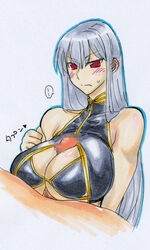 blush breasts censored cleavage clothing female huge_breasts kikuta large_breasts long_hair male paizuri paizuri_under_clothes penis red_eyes selvaria_bles silver_hair straight titfuck valkyria_chronicles valkyria_chronicles_1 white_hair