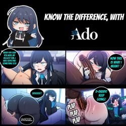 1girls 2boys ado_(music-artist) ado_(utaite) ahe_gao ai_generated black_clothing black_hair blue_eyes comparing_penis cuckold cum cumshot dark-skinned_male disgusted light-skinned_female netorare ntr penis_size_difference raceplay small_penis small_penis_humiliation