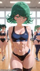 3girls abs ai_generated arms_behind_back ass_visible_through_thighs bare_shoulders black_sports_bra black_thighhighs blurry blurry_background blush breasts buruma cleavage closed_mouth collarbone curly_hair green_eyes green_hair gym indoors looking_at_viewer medium_breasts meitabuu multiple_girls navel nike_(company) one-punch_man ponytail shoes short_hair small_breasts sneakers sports_bikini sports_bra stomach sweat tatsumaki thick_thighs thigh_gap thighhighs thighs toned white_footwear